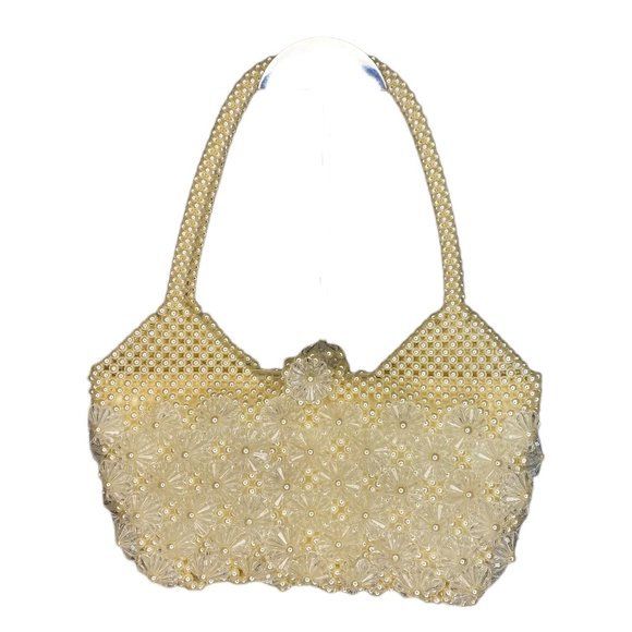 Vintage White Round and Clear Floral Beaded Double Handle Handbag Purse - Picture 1 of 9